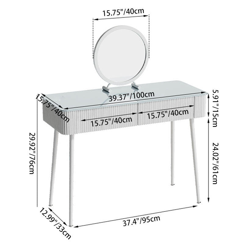 Moderner minimalistischer rechteckiger runder Schminktisch aus gehärtetem Glas, PP und Kohlenstoffstahl mit 2 Schubladen für das Schlafzimmer 