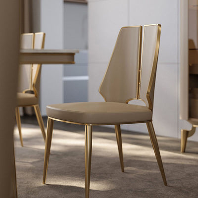 Contemporary Luxury Patchwork Curved Rectangular Microfiber Leather Genuine Leather Stainless Steel Dining Chair Backrest Armless For Dining Room
