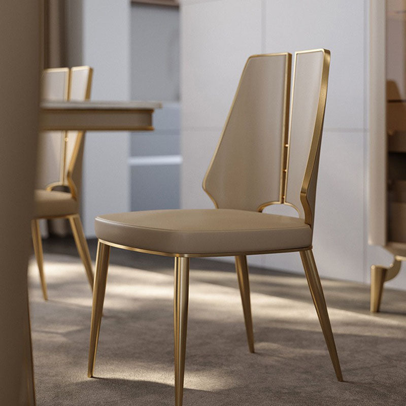 Contemporary Luxury Patchwork Curved Rectangular Microfiber Leather Genuine Leather Stainless Steel Dining Chair Backrest Armless For Dining Room