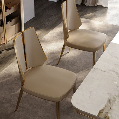 Contemporary Luxury Patchwork Curved Rectangular Microfiber Leather Genuine Leather Stainless Steel Dining Chair Backrest Armless For Dining Room