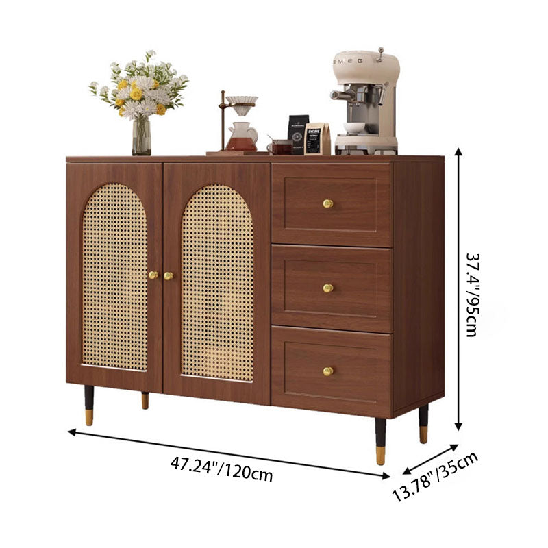 Traditional Japanese Rectangular Medium Density Fiberboard Solid Wood Rattan Storage Cabinet 4-Tier For Living Room