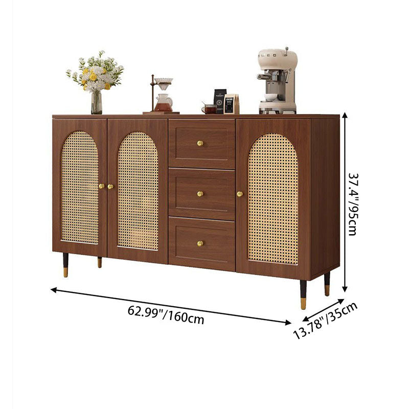 Traditional Japanese Rectangular Medium Density Fiberboard Solid Wood Rattan Storage Cabinet 4-Tier For Living Room
