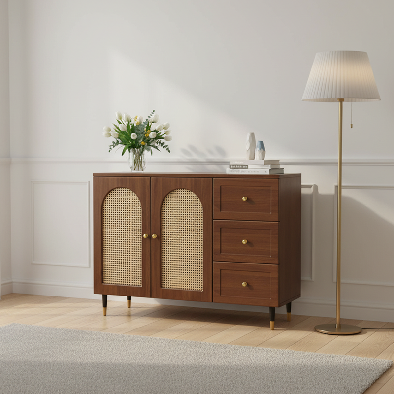 Traditional Japanese Rectangular Medium Density Fiberboard Solid Wood Rattan Storage Cabinet 4-Tier For Living Room