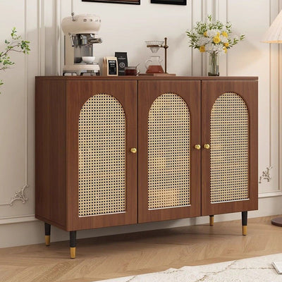 Traditional Japanese Rectangular Medium Density Fiberboard Solid Wood Rattan Storage Cabinet 4-Tier For Living Room