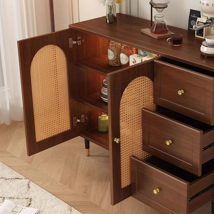 Armoire de rangement en rotin à 4 niveaux pour salon, en MDF rectangulaire japonais traditionnel et bois massif 