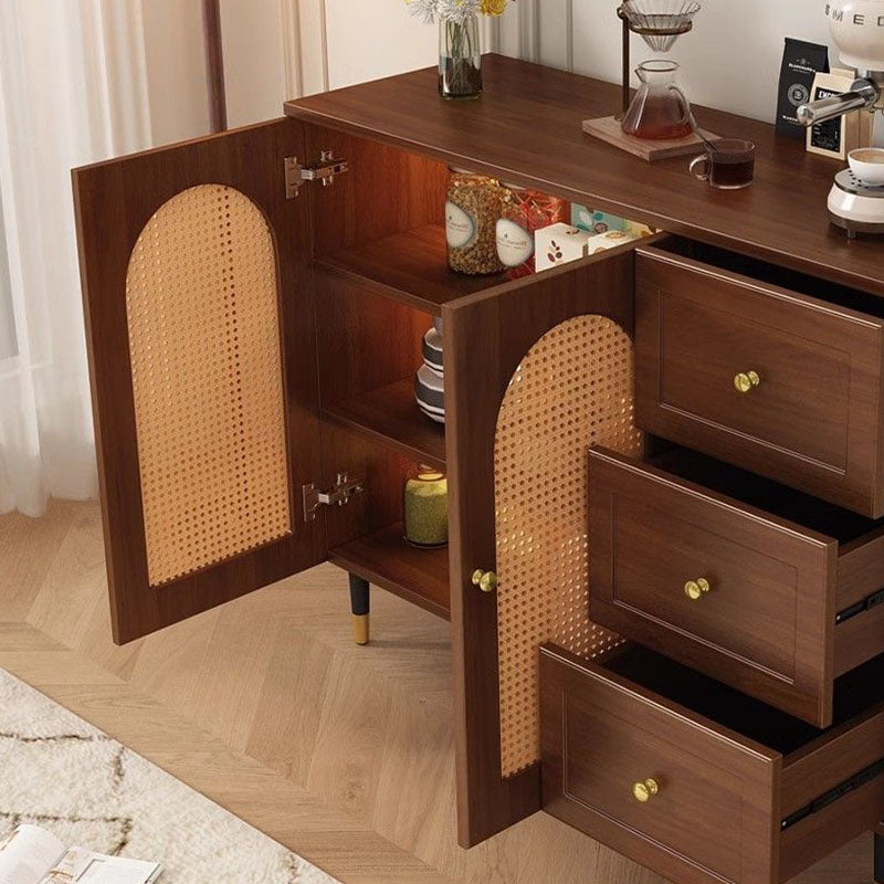 Traditional Japanese Rectangular Medium Density Fiberboard Solid Wood Rattan Storage Cabinet 4-Tier For Living Room