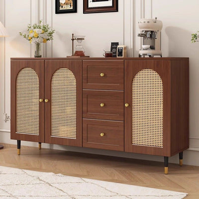 Traditional Japanese Rectangular Medium Density Fiberboard Solid Wood Rattan Storage Cabinet 4-Tier For Living Room