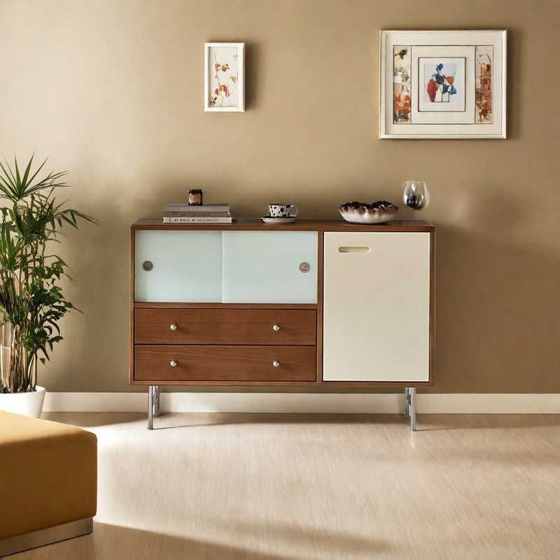 Contemporary Scandinavian Rectangular Solid Wood Medium Density Fiberboard Stainless Steel Storage Cabinet 2-Drawer For Living Room