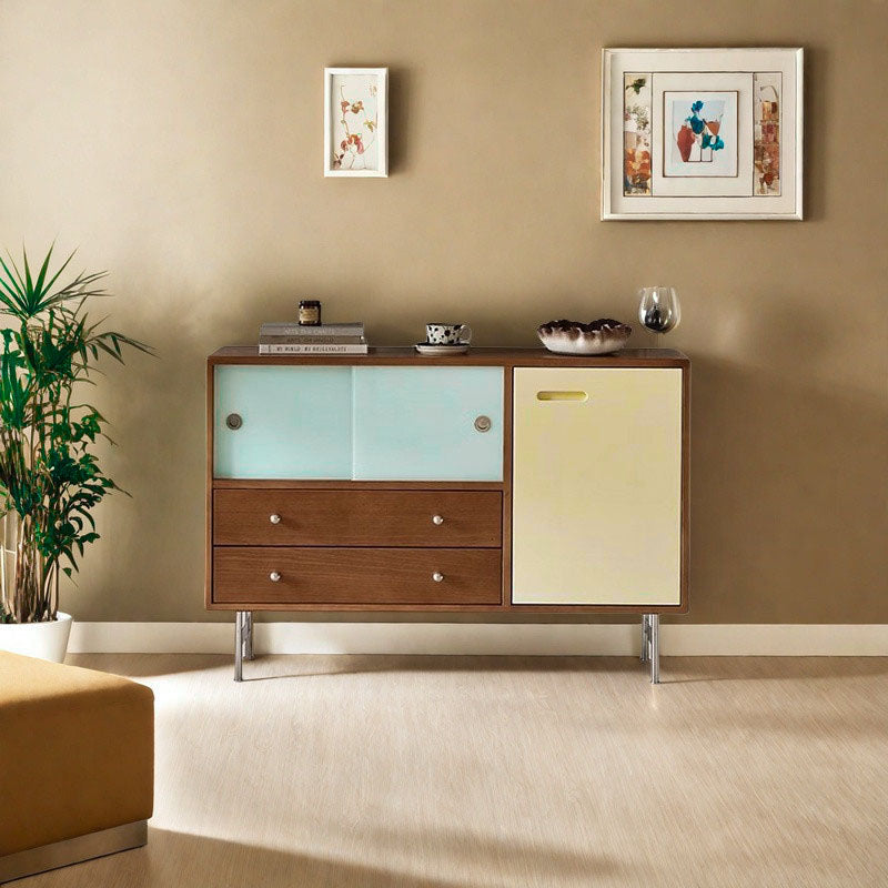 Meuble de rangement contemporain scandinave rectangulaire en bois massif, panneau de fibres à densité moyenne et acier inoxydable, à 2 tiroirs pour salon 