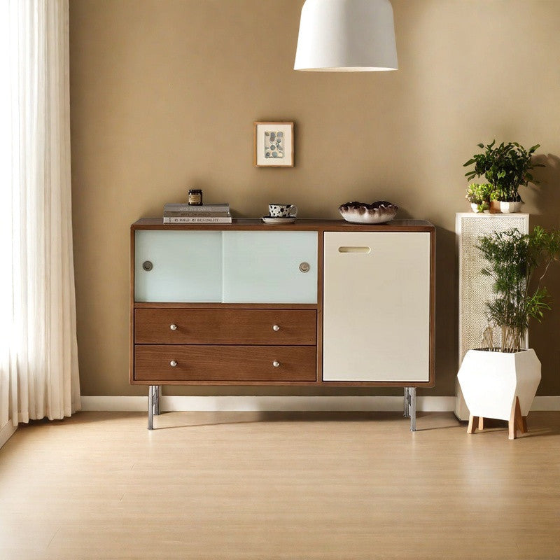 Contemporary Scandinavian Rectangular Solid Wood Medium Density Fiberboard Stainless Steel Storage Cabinet 2-Drawer For Living Room