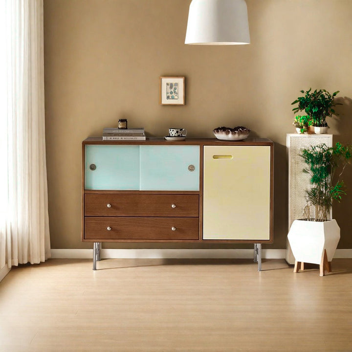 Meuble de rangement contemporain scandinave rectangulaire en bois massif, panneau de fibres à densité moyenne et acier inoxydable, à 2 tiroirs pour salon 