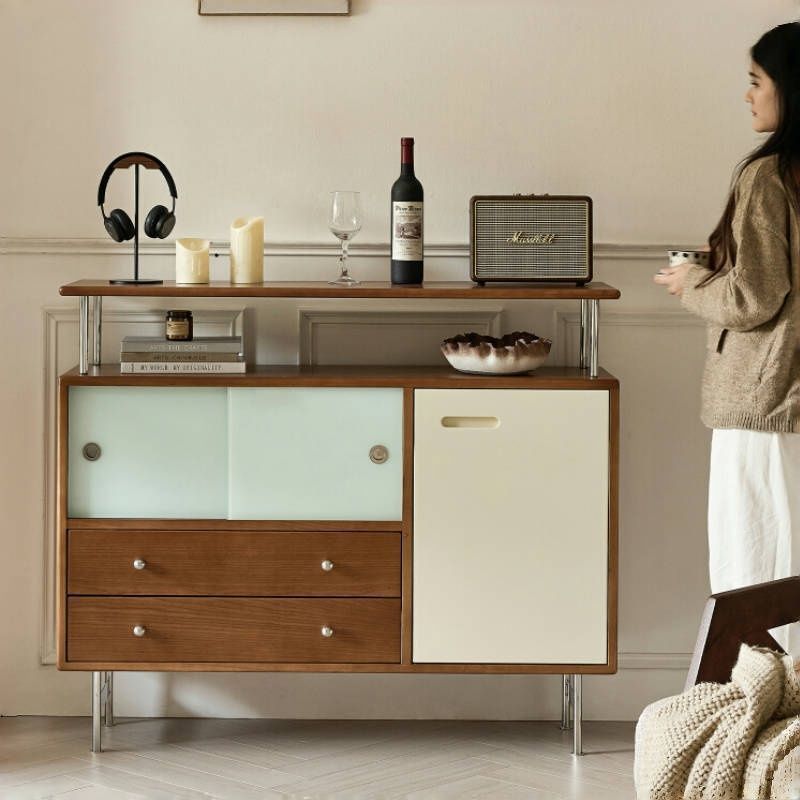 Contemporary Scandinavian Rectangular Solid Wood Medium Density Fiberboard Stainless Steel Storage Cabinet 2-Drawer For Living Room