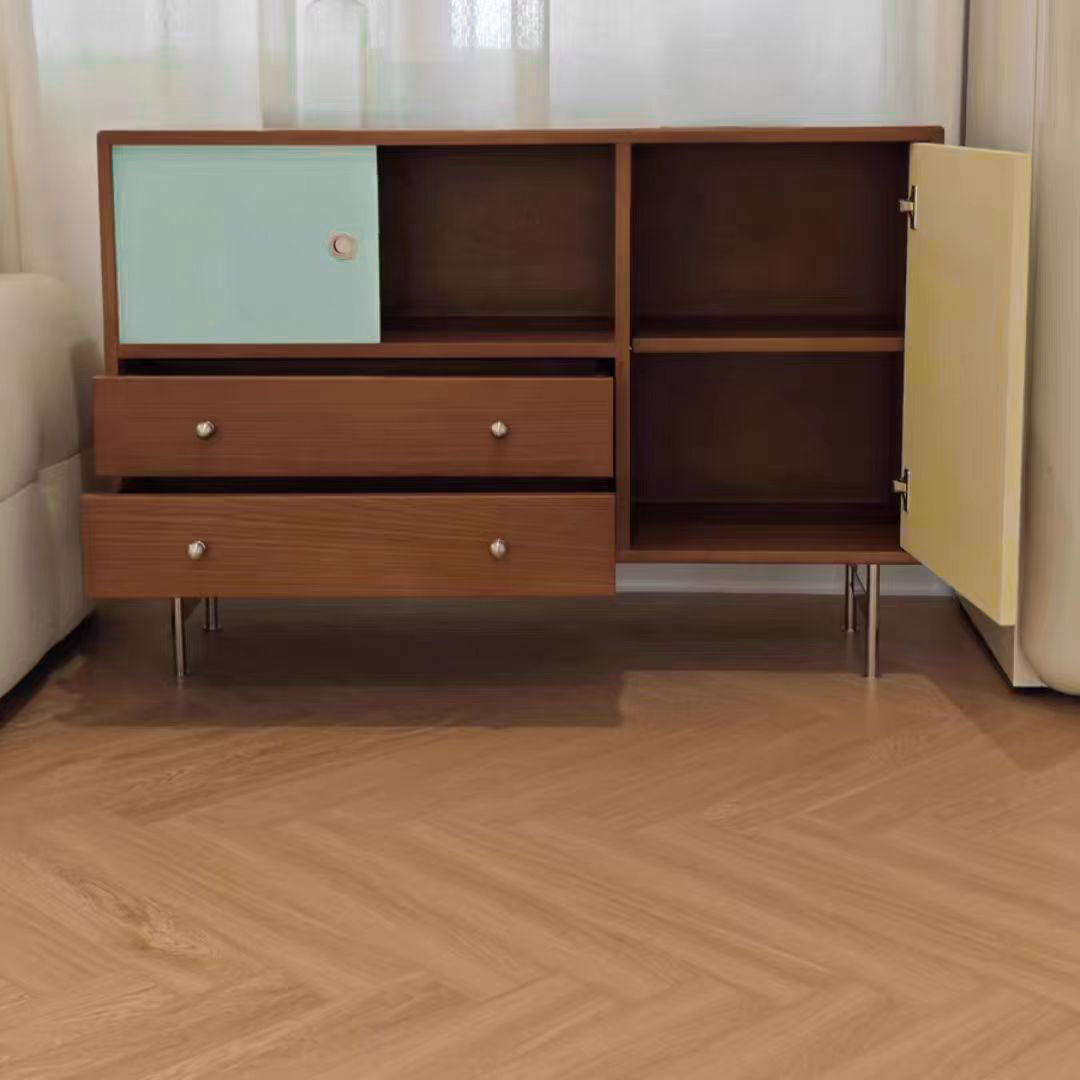 Meuble de rangement contemporain scandinave rectangulaire en bois massif, panneau de fibres à densité moyenne et acier inoxydable, à 2 tiroirs pour salon 