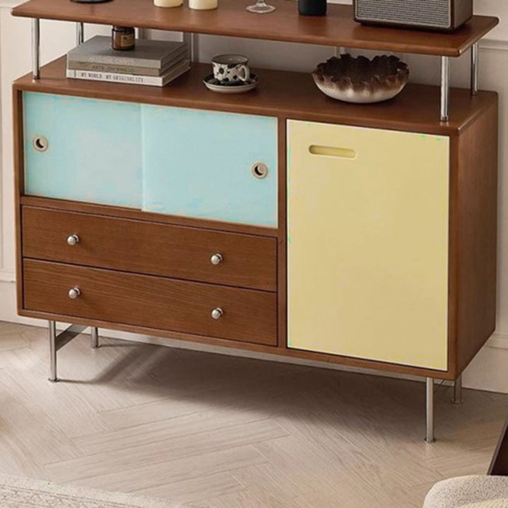 Meuble de rangement contemporain scandinave rectangulaire en bois massif, panneau de fibres à densité moyenne et acier inoxydable, à 2 tiroirs pour salon 