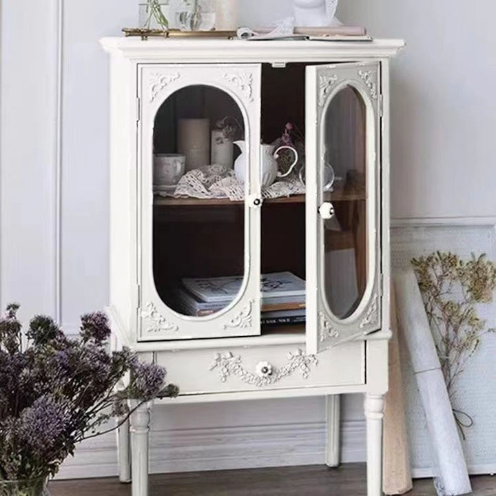Traditional French Carved Design Rectangular Plywood Glass Side Table 1-Cabinet For Living Room