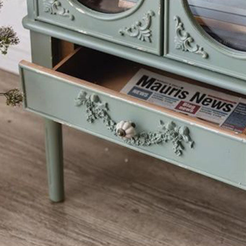 Traditional French Carved Design Rectangular Solid Wood Medium Density Fiberboard Glass Side Table 1-Cabinet For Living Room