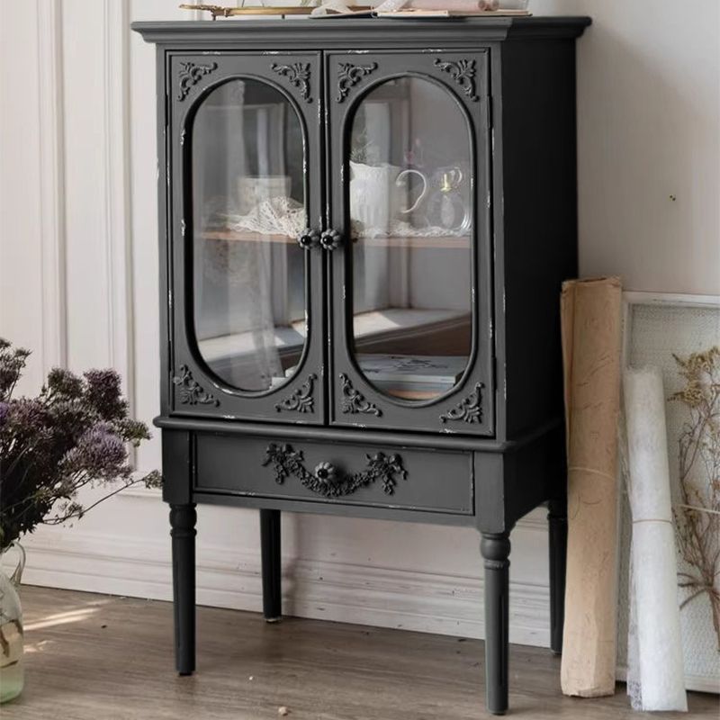 Traditional French Carved Design Rectangular Plywood Glass Side Table 1-Cabinet For Living Room