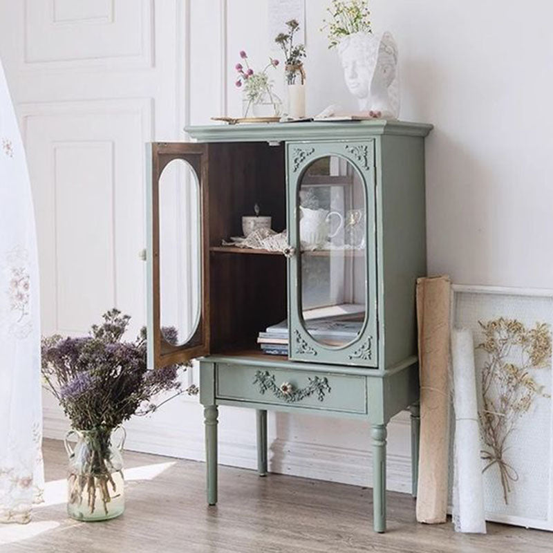 Traditional French Carved Design Rectangular Plywood Glass Side Table 1-Cabinet For Living Room