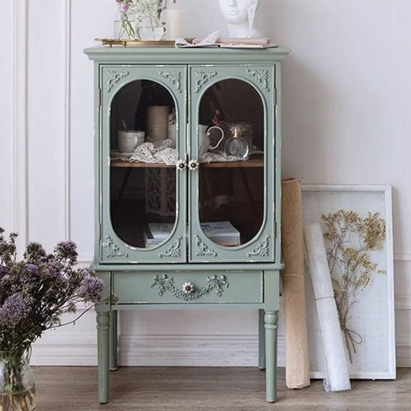 Traditional French Carved Design Rectangular Solid Wood Medium Density Fiberboard Glass Side Table 1-Cabinet For Living Room