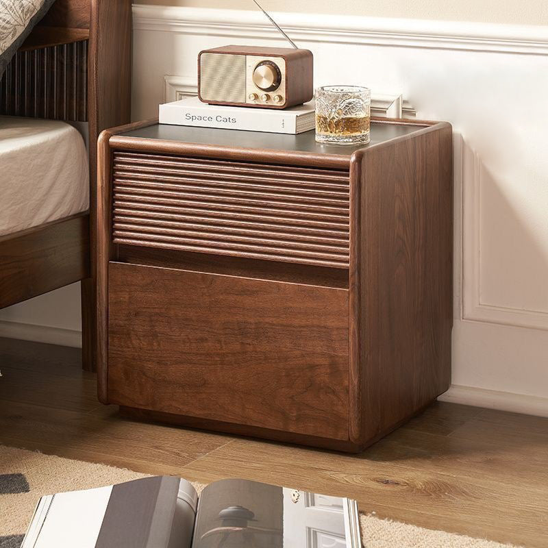 Contemporary Scandinavian Rectangular Stone Slab Solid Wood Nightstand 2-Drawer For Bedroom