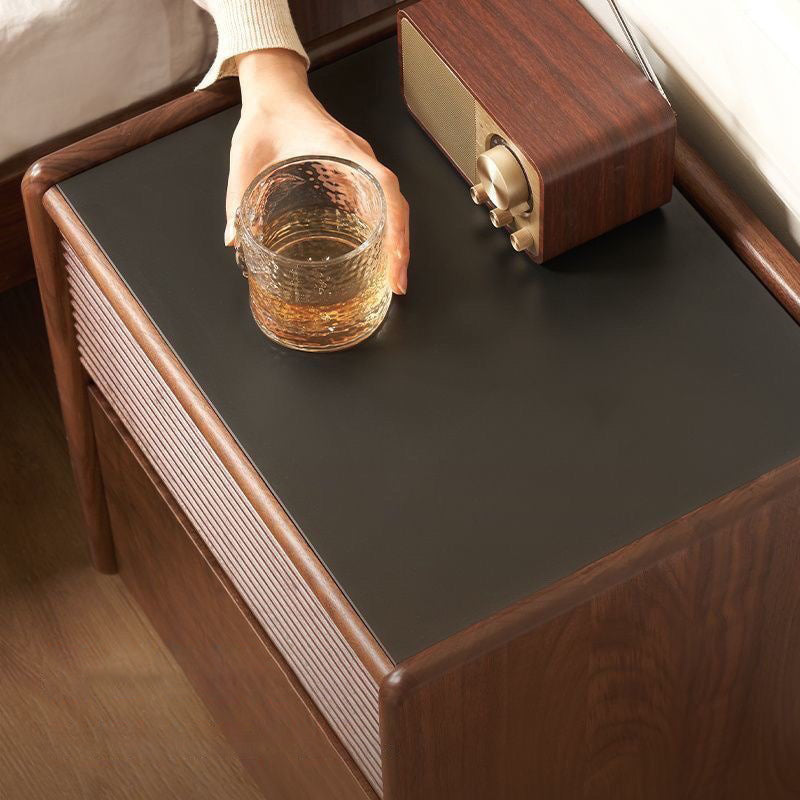 Contemporary Scandinavian Rectangular Stone Slab Solid Wood Nightstand 2-Drawer For Bedroom