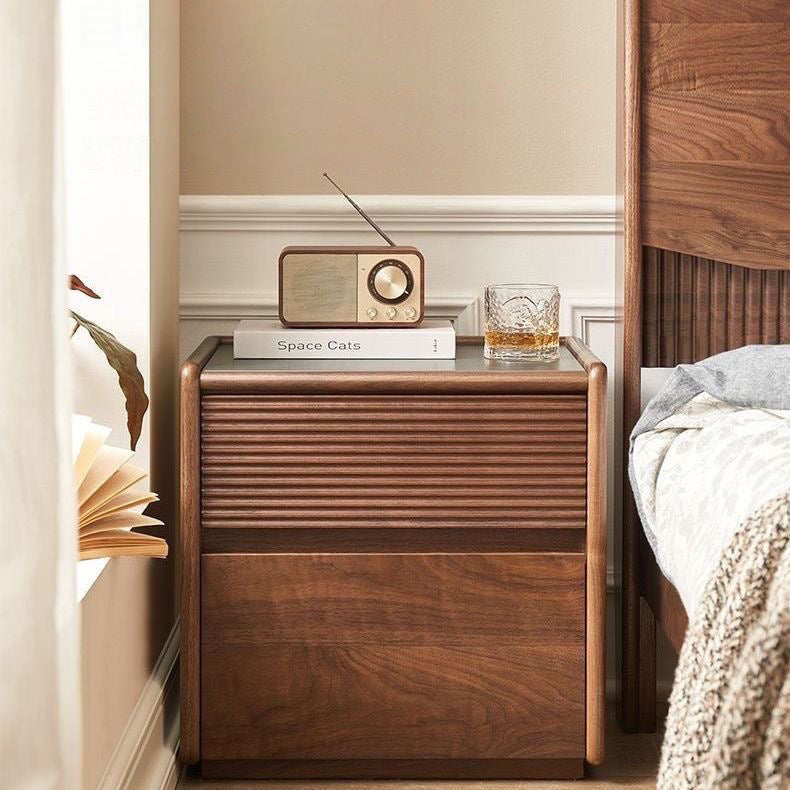 Contemporary Scandinavian Rectangular Stone Slab Solid Wood Nightstand 2-Drawer For Bedroom