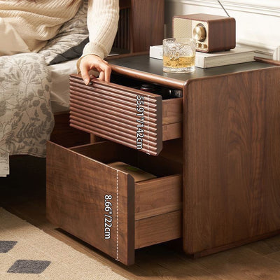 Contemporary Scandinavian Rectangular Stone Slab Solid Wood Nightstand 2-Drawer For Bedroom