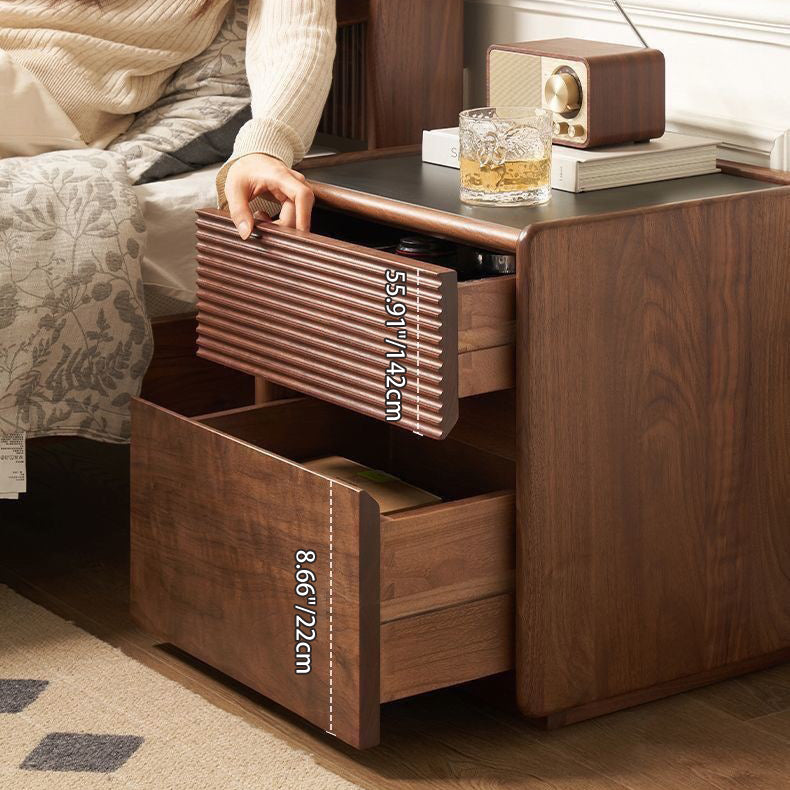 Contemporary Scandinavian Rectangular Stone Slab Solid Wood Nightstand 2-Drawer For Bedroom