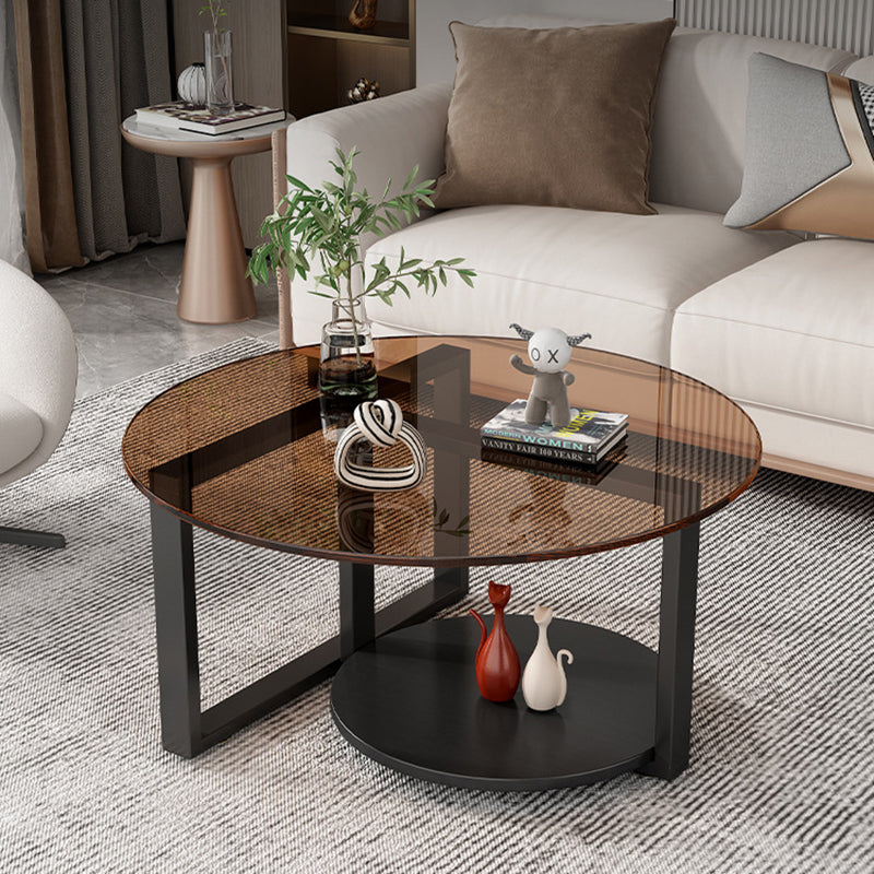 Table basse moderne minimaliste avec dessus en verre et cadre en fer rond à 2 niveaux pour salon 