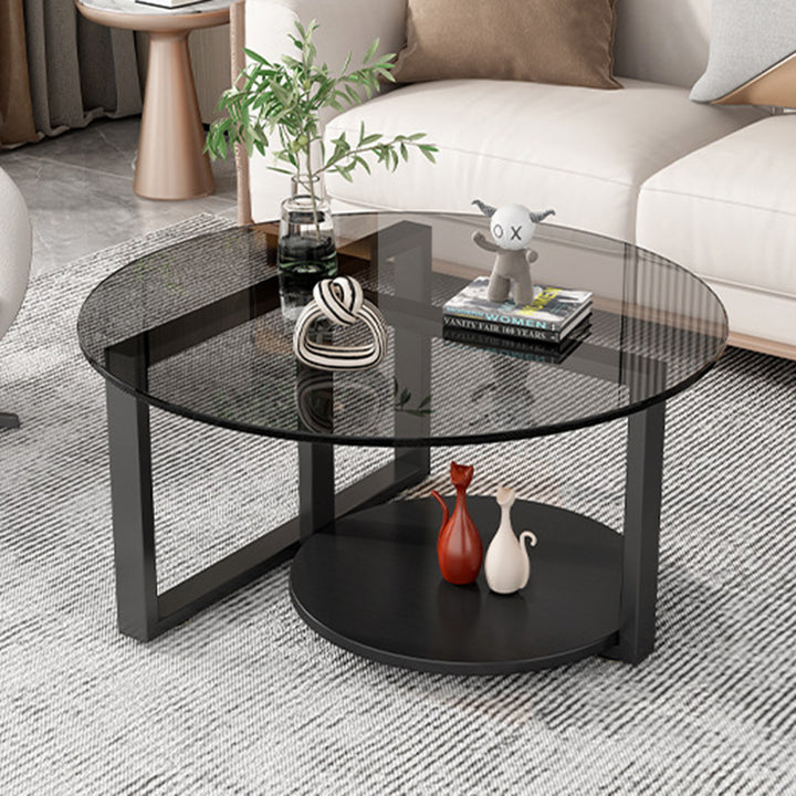 Table basse moderne minimaliste avec dessus en verre et cadre en fer rond à 2 niveaux pour salon 
