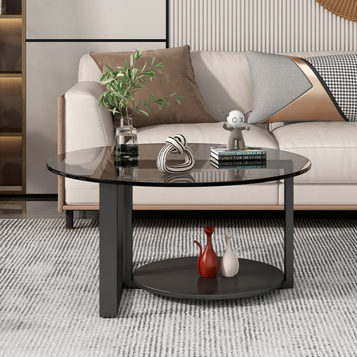 Table basse moderne minimaliste avec dessus en verre et cadre en fer rond à 2 niveaux pour salon 
