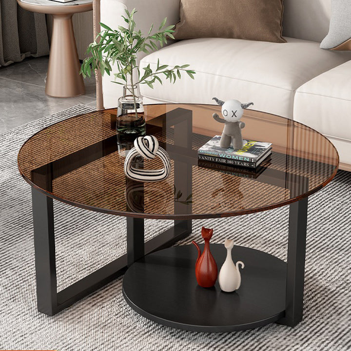 Table basse moderne minimaliste avec dessus en verre et cadre en fer rond à 2 niveaux pour salon 