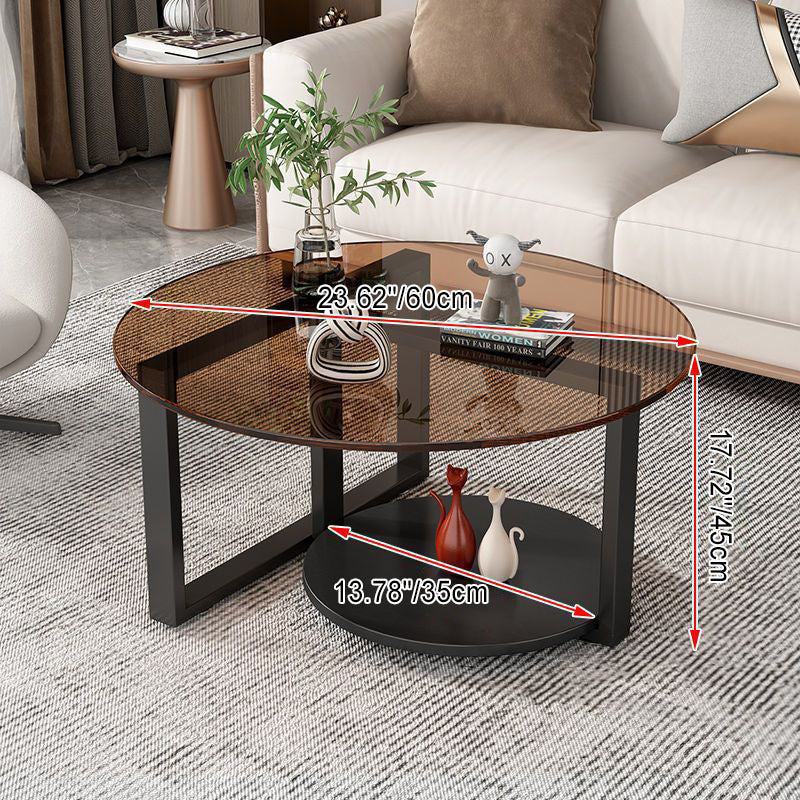 Table basse moderne minimaliste avec dessus en verre et cadre en fer rond à 2 niveaux pour salon 