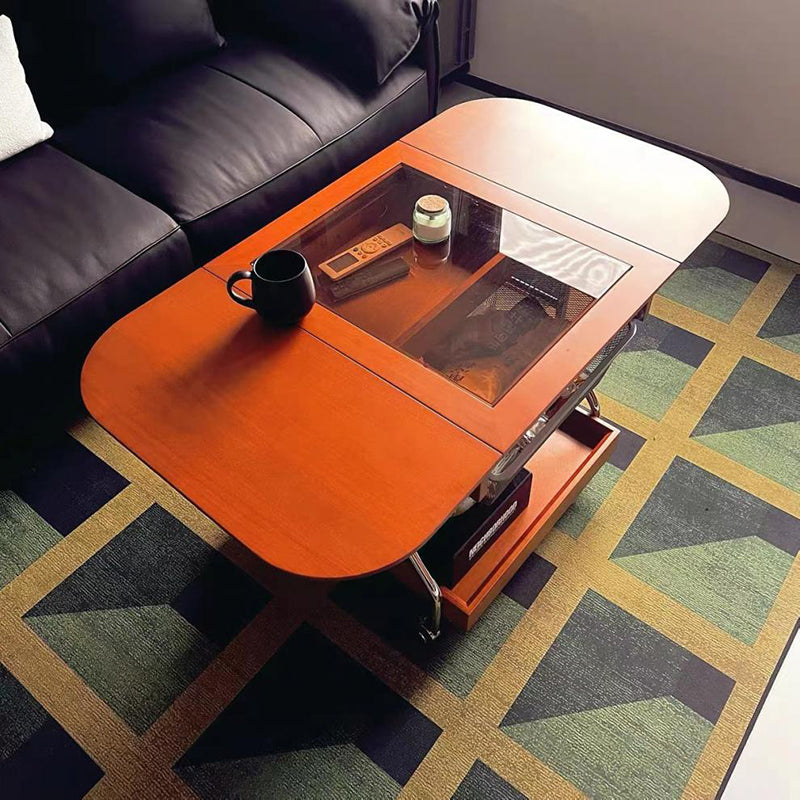 Contemporary Retro Removable Foldable Rectangular Glass Pine Wood Stainless Steel Coffee Table 2-Tier 1-Storage For Living Room