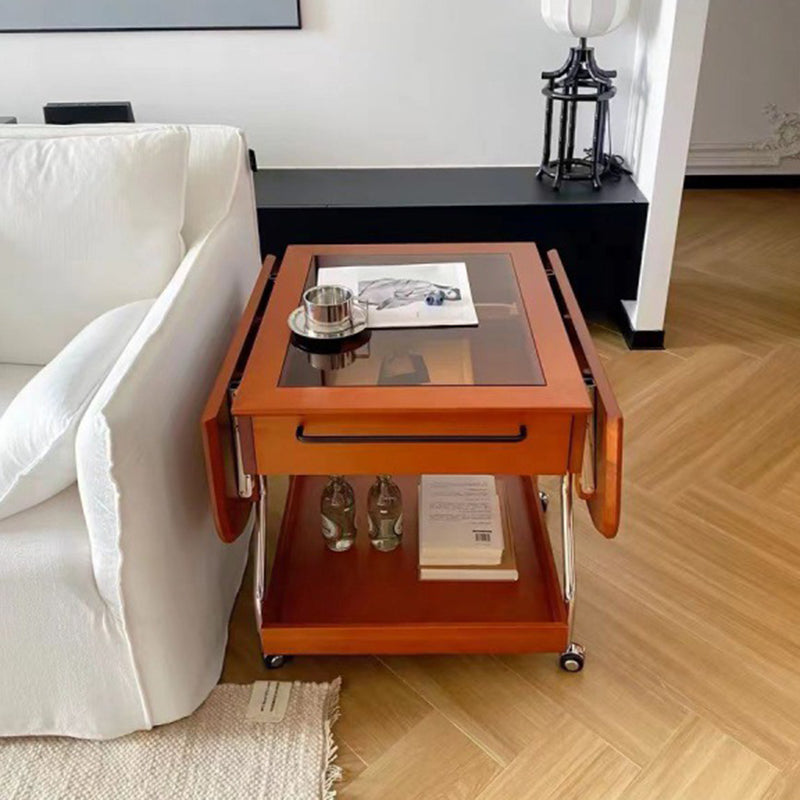 Contemporary Retro Removable Foldable Rectangular Glass Pine Wood Stainless Steel Coffee Table 2-Tier 1-Storage For Living Room