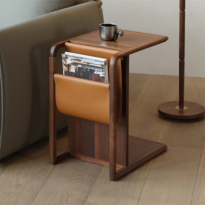 Moderner minimalistischer abnehmbarer rechteckiger Beistelltisch aus Walnussholz und Kunst-Sattelleder, 2 Ebenen, für das Wohnzimmer 