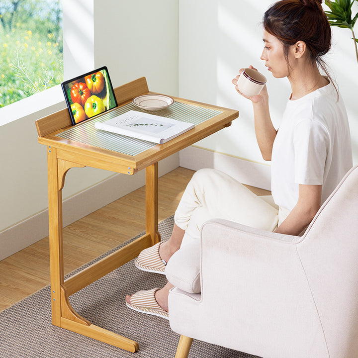 Modern Minimalist Rectangular Bamboo Glass Tabletop End Table For Living Room