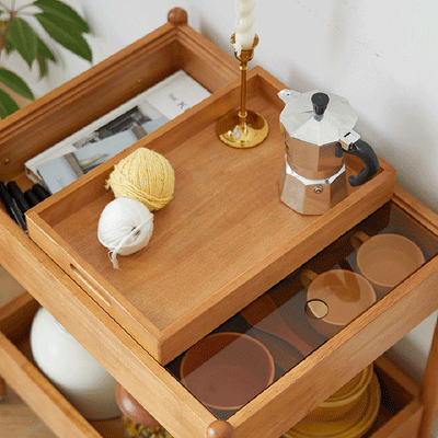Mesa de centro moderna minimalista con marco de madera maciza removible rectangular y superficie de vidrio de 2 niveles y 1 bandeja para sala de estar 