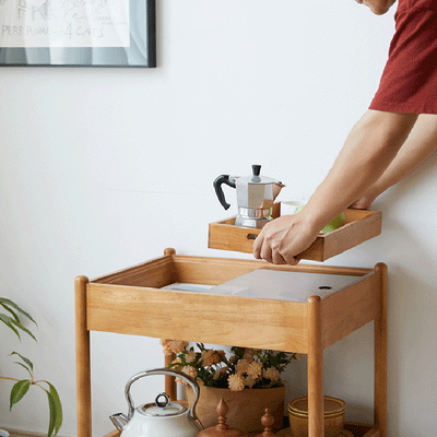 Mesa de centro moderna minimalista con marco de madera maciza removible rectangular y superficie de vidrio de 2 niveles y 1 bandeja para sala de estar 