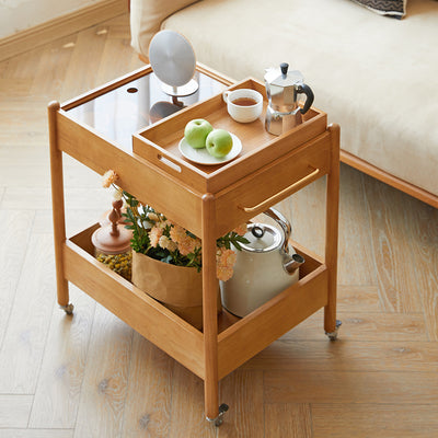 Mesa de centro moderna minimalista con marco de madera maciza removible rectangular y superficie de vidrio de 2 niveles y 1 bandeja para sala de estar 