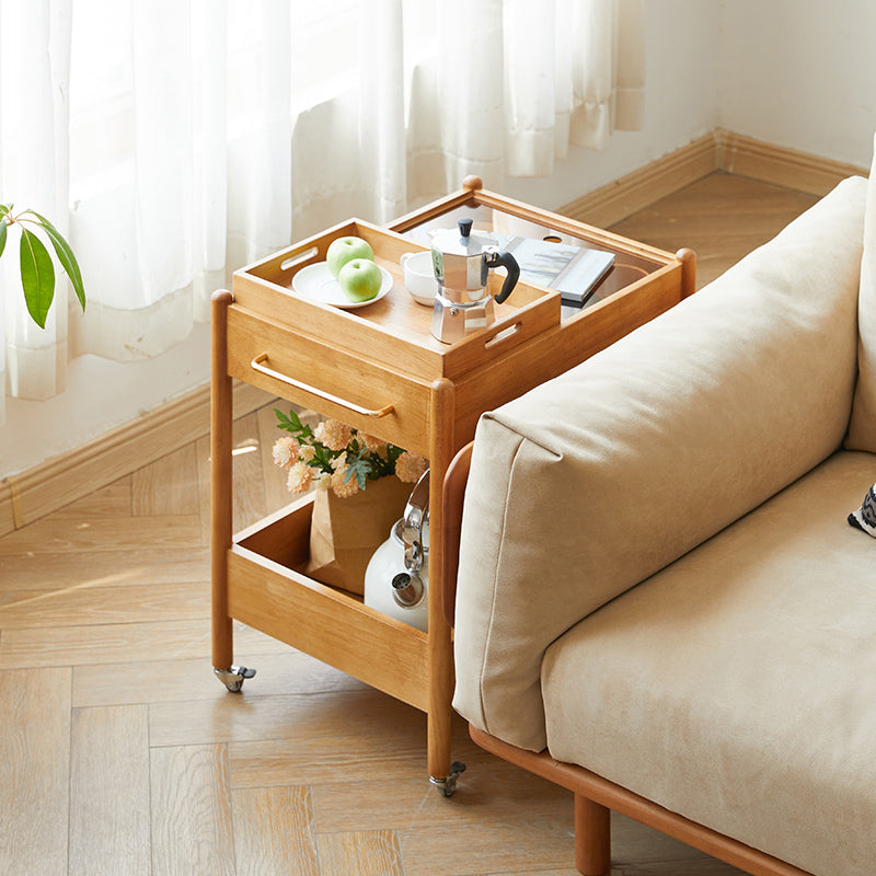 Mesa de centro moderna minimalista con marco de madera maciza removible rectangular y superficie de vidrio de 2 niveles y 1 bandeja para sala de estar 