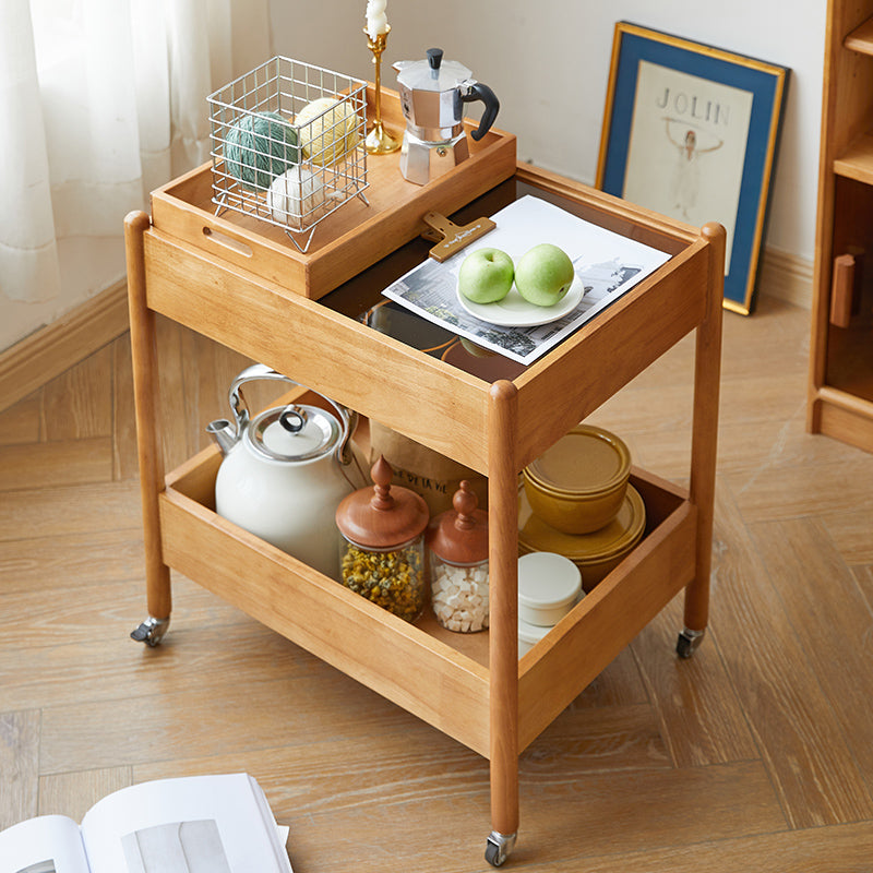 Mesa de centro moderna minimalista con marco de madera maciza removible rectangular y superficie de vidrio de 2 niveles y 1 bandeja para sala de estar 