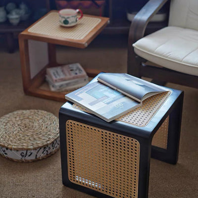 Mesa auxiliar cuadrada tradicional japonesa de madera de caucho y ratán para sala de estar 