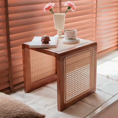 Mesa auxiliar cuadrada tradicional japonesa de madera de caucho y ratán para sala de estar 