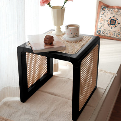 Mesa auxiliar cuadrada tradicional japonesa de madera de caucho y ratán para sala de estar 