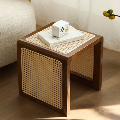 Mesa auxiliar cuadrada tradicional japonesa de madera de caucho y ratán para sala de estar 