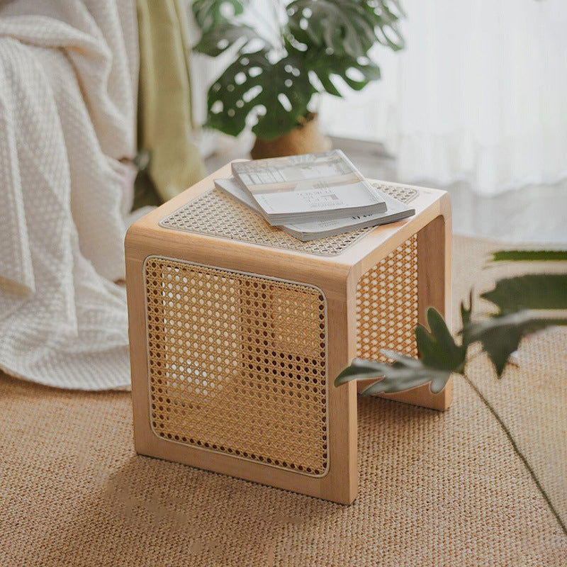 Mesa auxiliar cuadrada tradicional japonesa de madera de caucho y ratán para sala de estar 