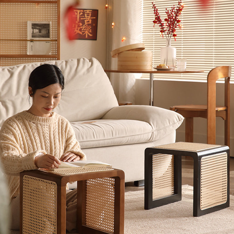 Mesa auxiliar cuadrada tradicional japonesa de madera de caucho y ratán para sala de estar 