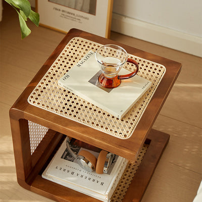 Mesa auxiliar cuadrada tradicional japonesa de madera de caucho y ratán para sala de estar 