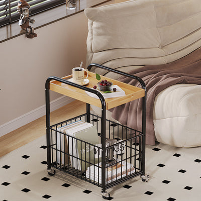 Table d'extrémité rectangulaire amovible minimaliste moderne en bambou nan avec tube en acier, 1 étagère, 1 rangement pour salon 